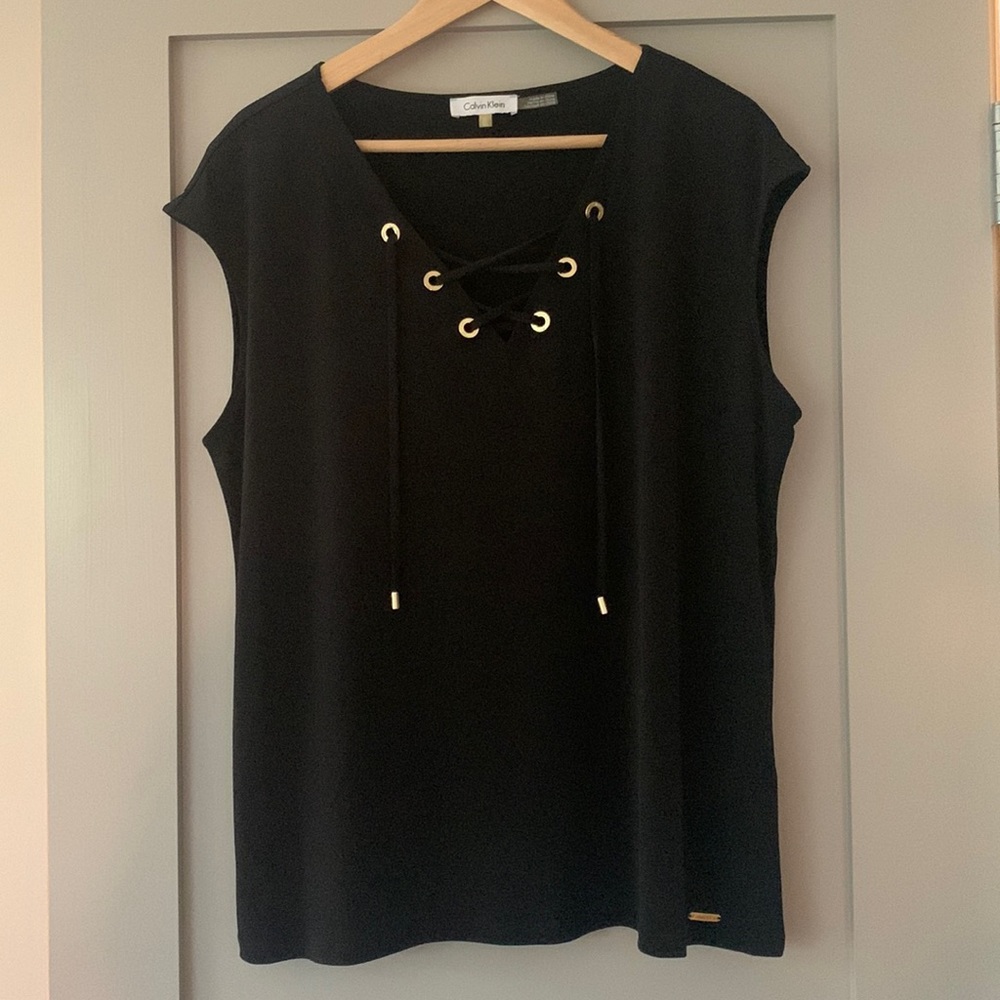 EUC Calvin Klein Black stretchy sleeveless top with gold embellishments